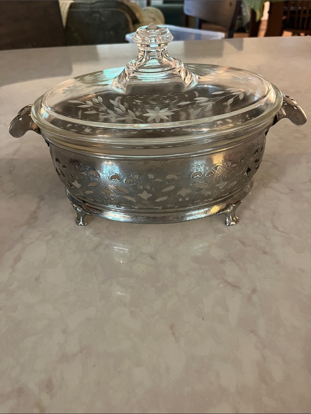 🍲VTG 3 Piece Pyrex Heavy Footed Silver Metal Stand,Pyrex lid 294c 1930’s